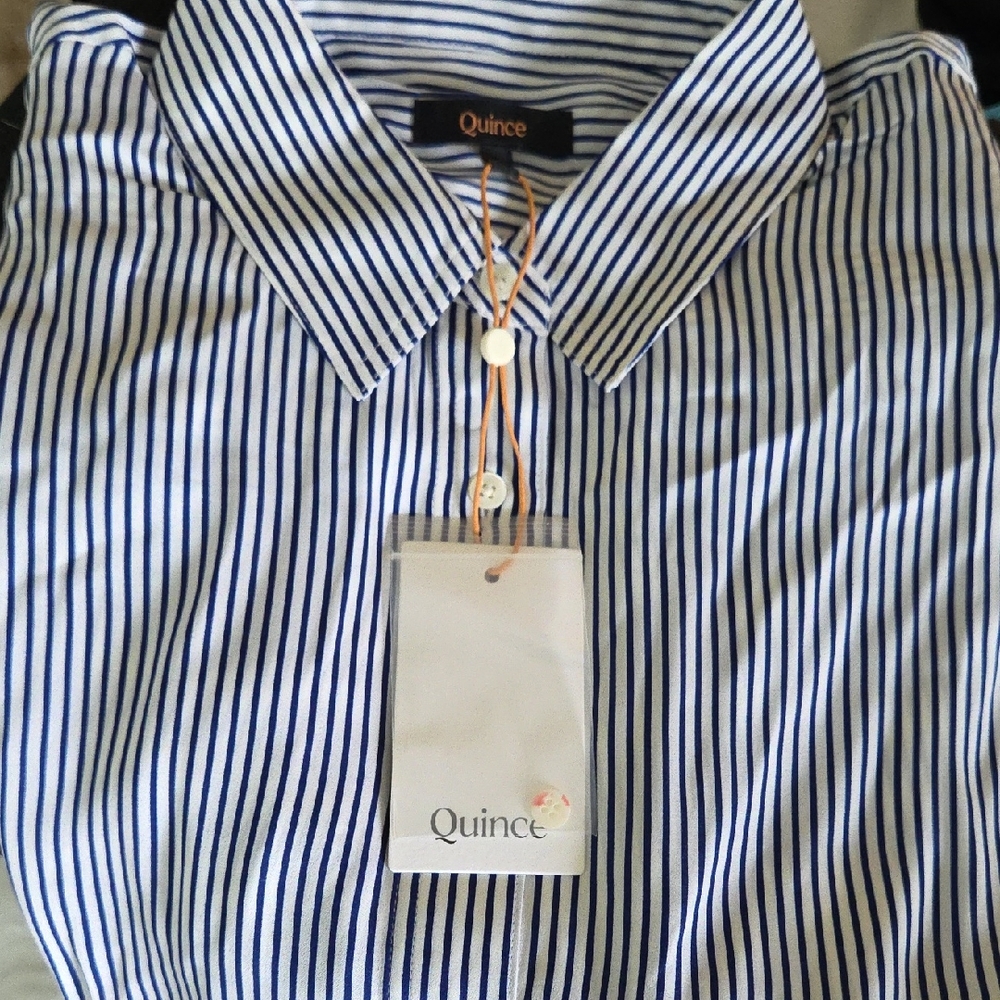 Quince Navy and White Striped Women's Shirt